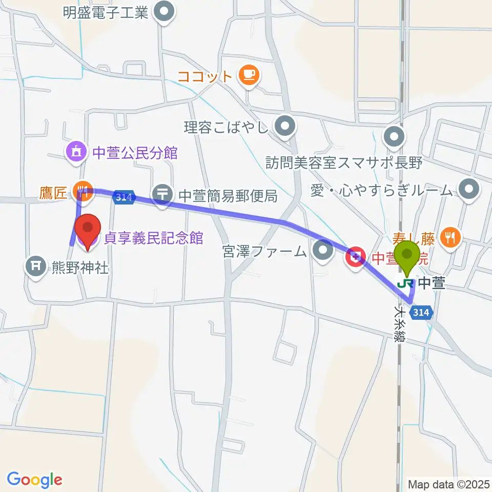 貞享義民記念館の最寄駅中萱駅からの徒歩ルート（約10分）地図