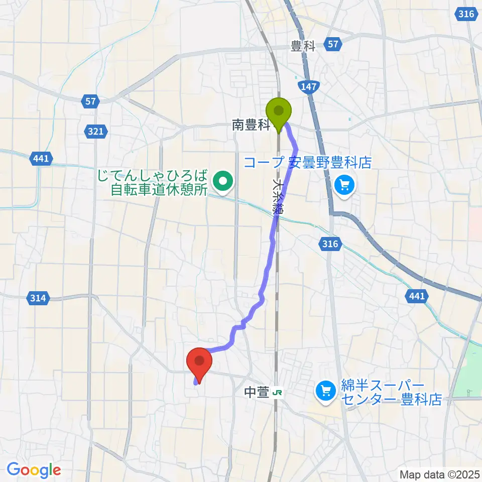 南豊科駅から貞享義民記念館へのルートマップ地図