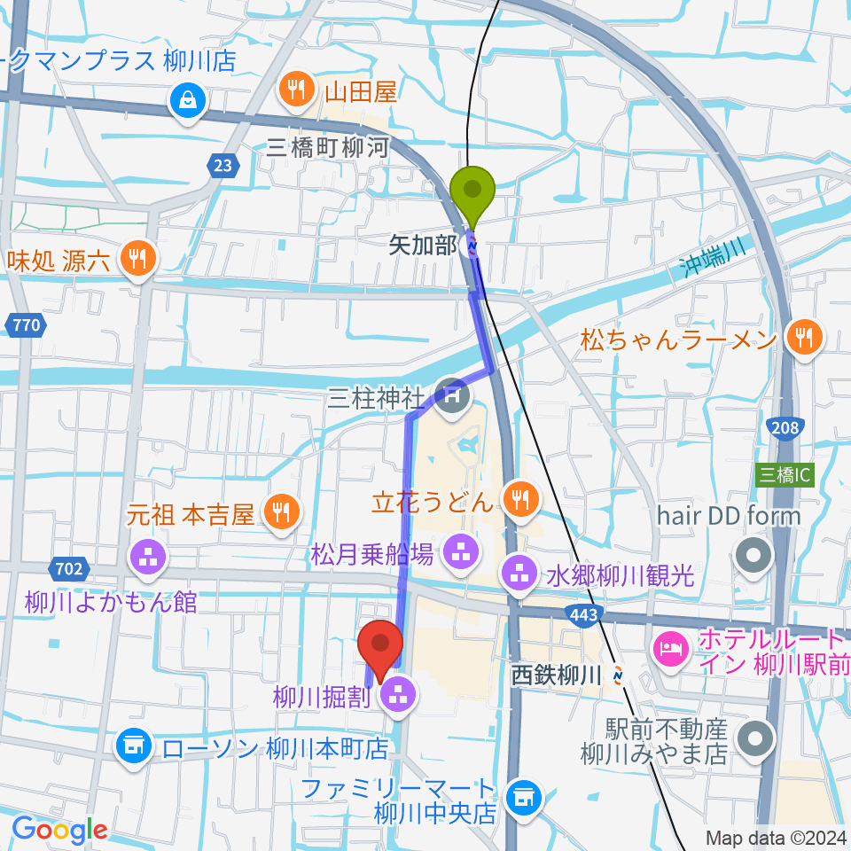 矢加部駅から柳川古文書館へのルートマップ地図