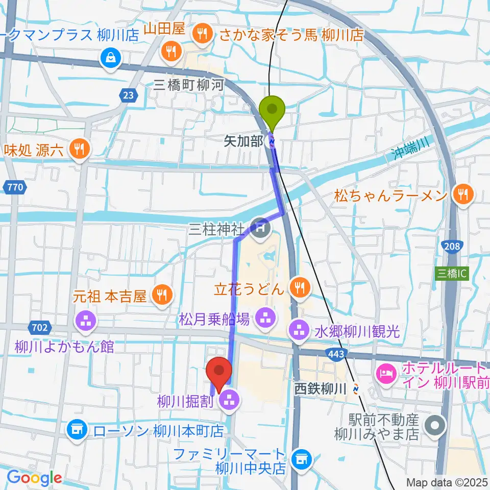 矢加部駅から柳川古文書館へのルートマップ地図