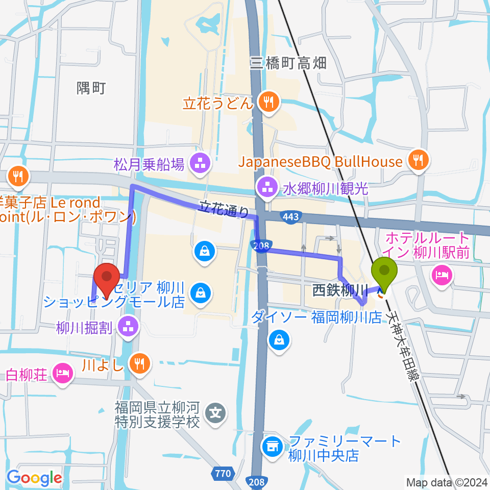 柳川古文書館の最寄駅西鉄柳川駅からの徒歩ルート（約9分）地図