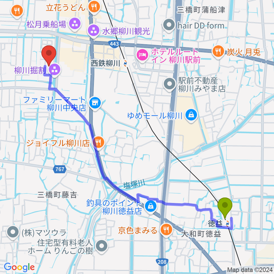 徳益駅から柳川古文書館へのルートマップ地図