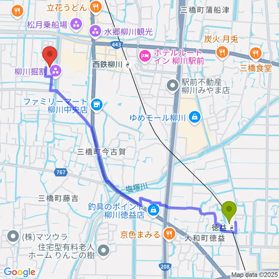 徳益駅から柳川古文書館へのルートマップ地図