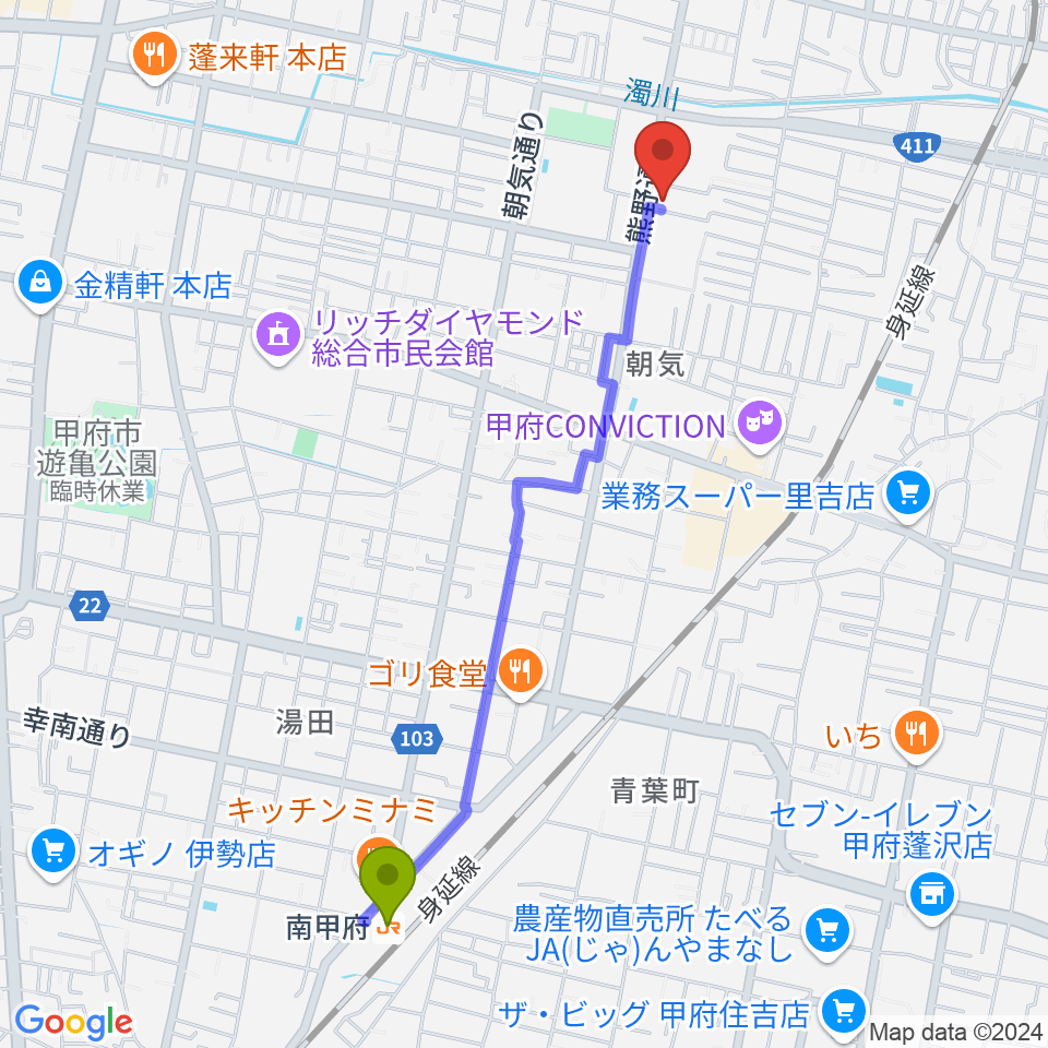 南甲府駅から山梨平和ミュージアム 石橋湛山記念館へのルートマップ地図