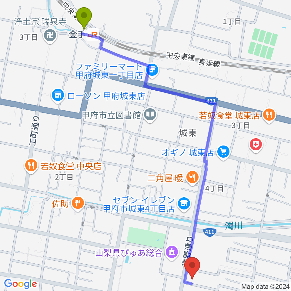 金手駅から山梨平和ミュージアム 石橋湛山記念館へのルートマップ地図