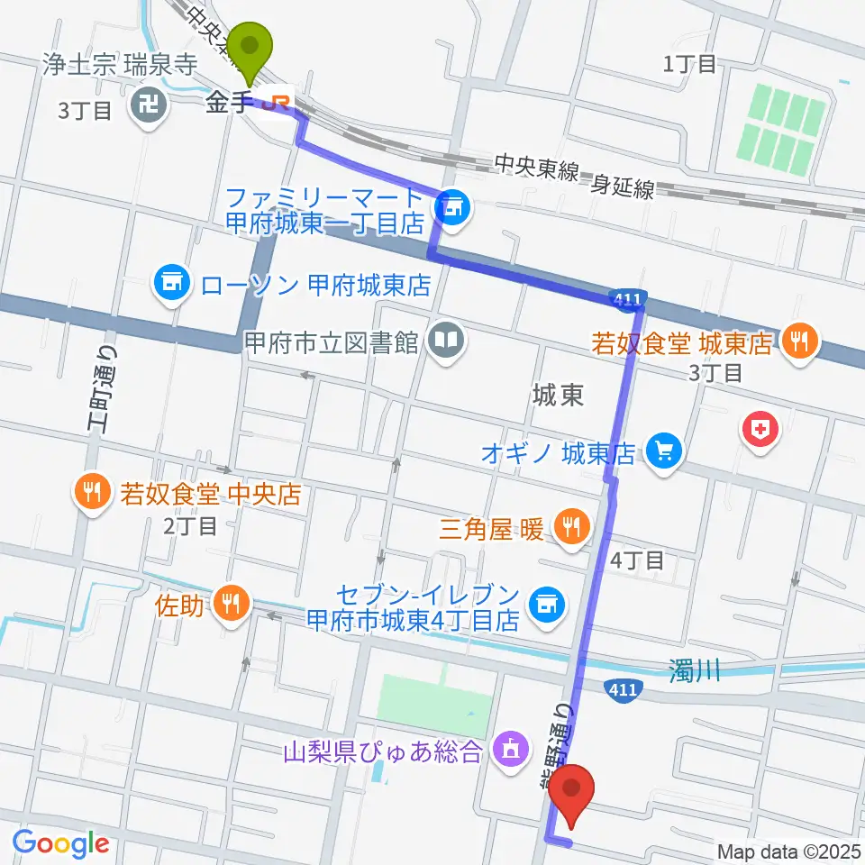 金手駅から山梨平和ミュージアム 石橋湛山記念館へのルートマップ地図