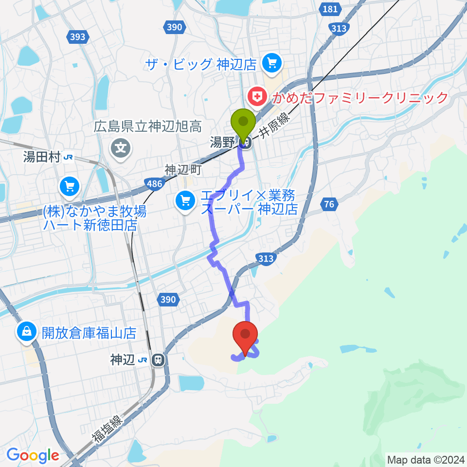 湯野駅から福山市神辺歴史民俗資料館へのルートマップ地図