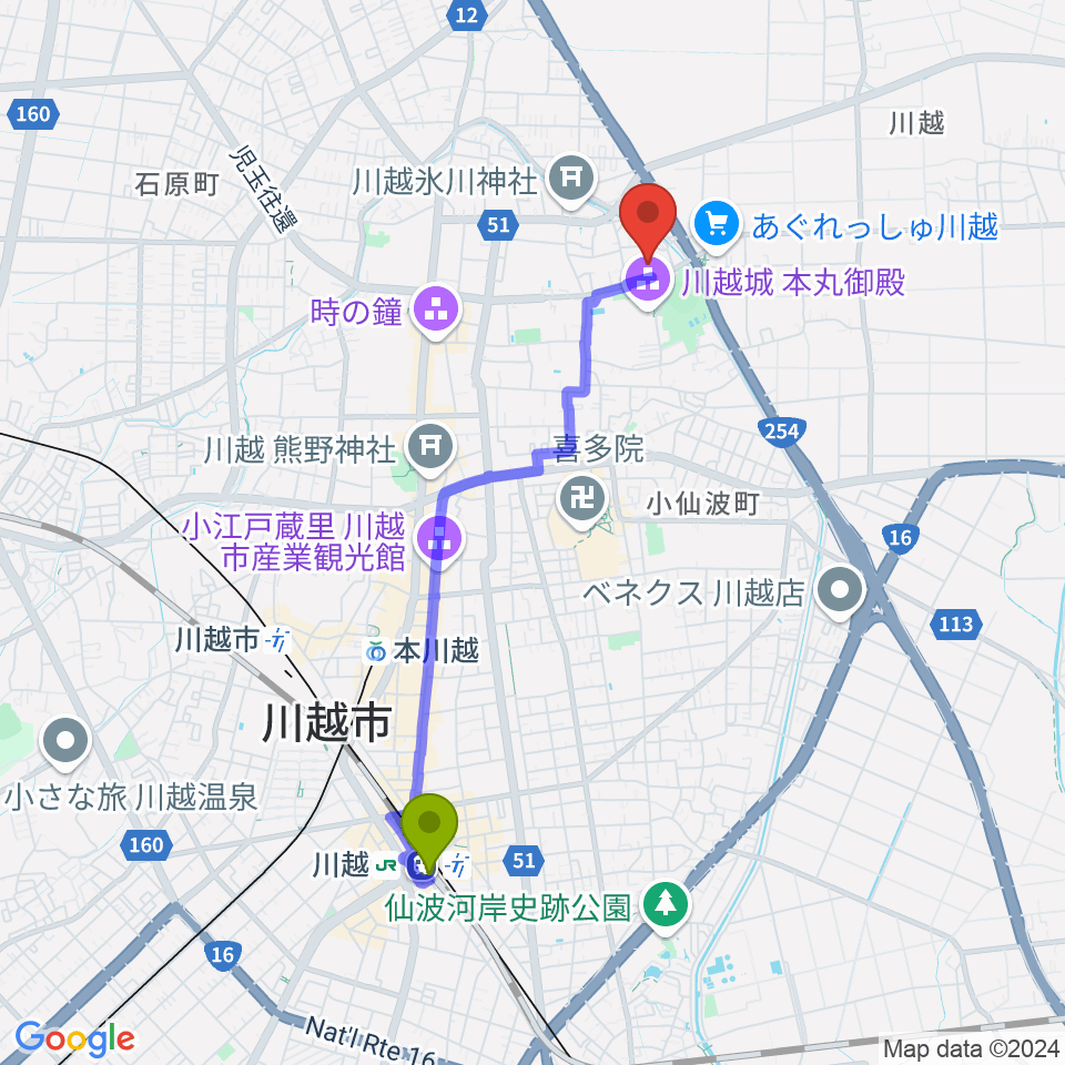 川越駅から川越市立博物館へのルートマップ地図