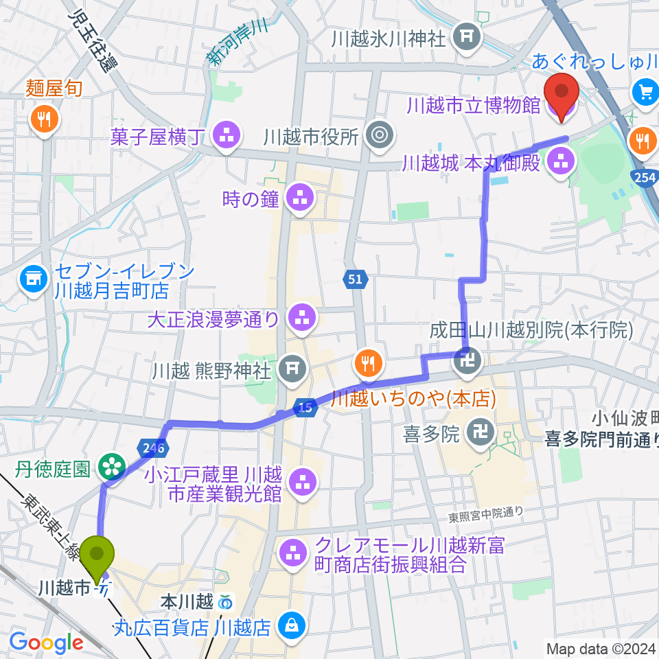 川越市駅から川越市立博物館へのルートマップ地図