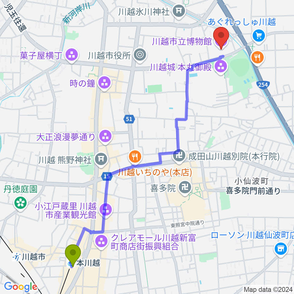 川越市立博物館の最寄駅本川越駅からの徒歩ルート（約28分）地図