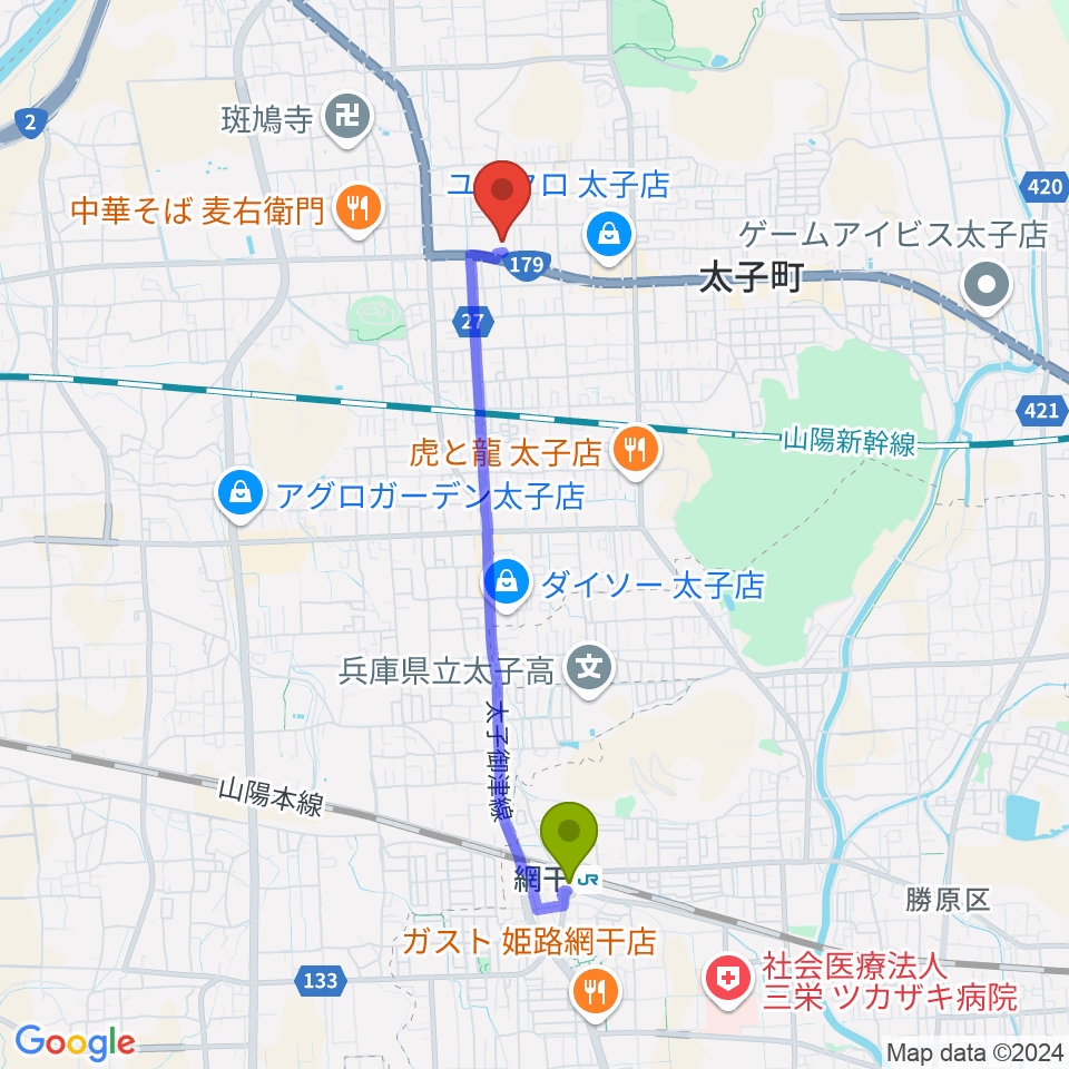 太子町立歴史資料館の最寄駅網干駅からの徒歩ルート（約38分）地図