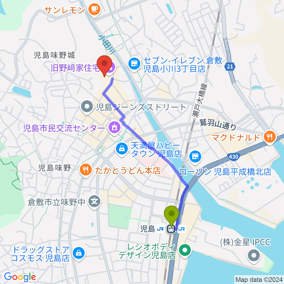 野﨑家塩業歴史館の最寄駅児島駅からの徒歩ルート（約18分）地図