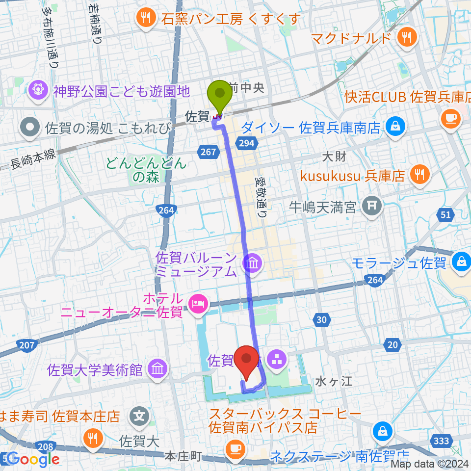 佐賀県立博物館の最寄駅佐賀駅からの徒歩ルート（約36分）地図