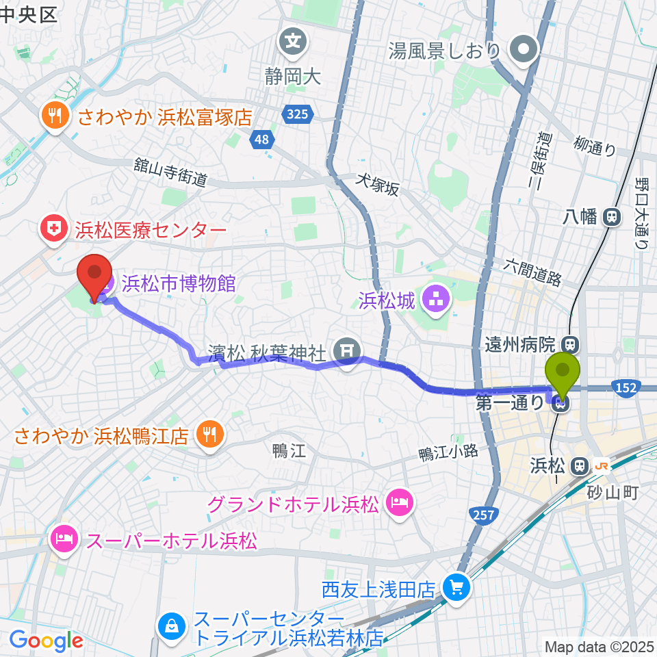 第一通り駅から浜松市博物館へのルートマップ地図