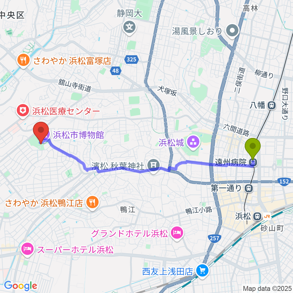 浜松市博物館の最寄駅遠州病院駅からの徒歩ルート（約46分）地図