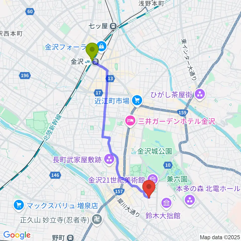 金沢駅から金沢ふるさと偉人館へのルートマップ地図