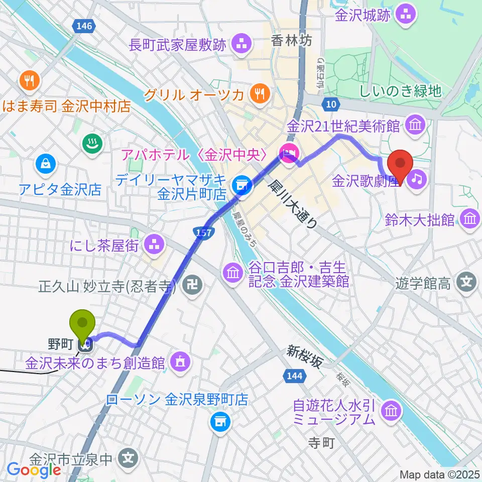 金沢ふるさと偉人館の最寄駅野町駅からの徒歩ルート（約23分）地図