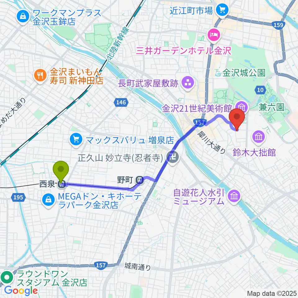 西泉駅から金沢ふるさと偉人館へのルートマップ地図