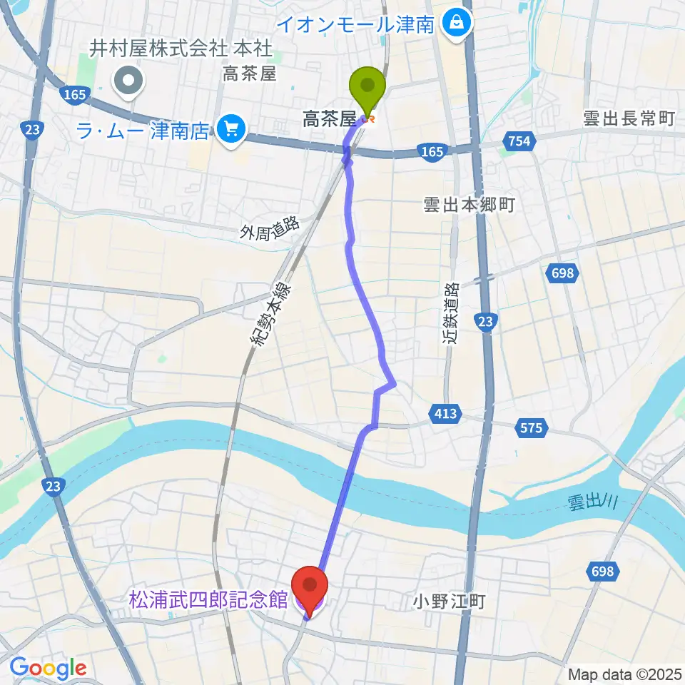 松浦武四郎記念館の最寄駅高茶屋駅からの徒歩ルート（約46分）地図