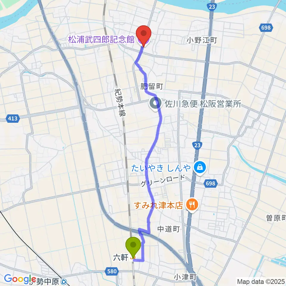 六軒駅から松浦武四郎記念館へのルートマップ地図