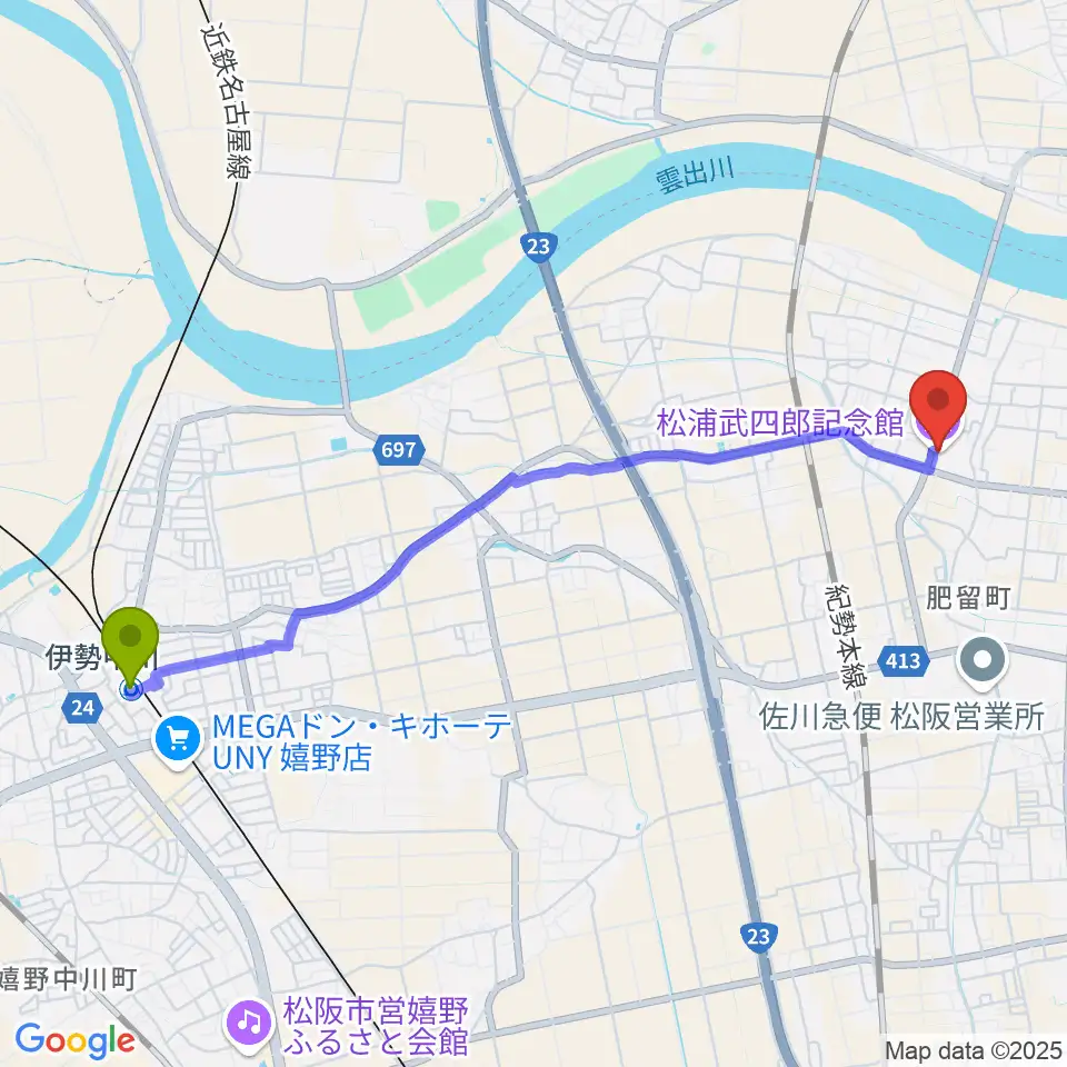 伊勢中川駅から松浦武四郎記念館へのルートマップ地図