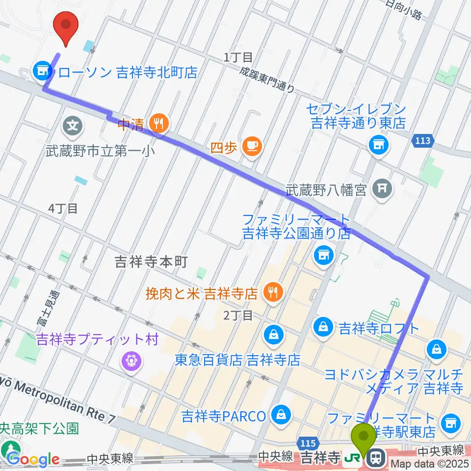 成蹊学園史料館の最寄駅吉祥寺駅からの徒歩ルート（約17分）地図