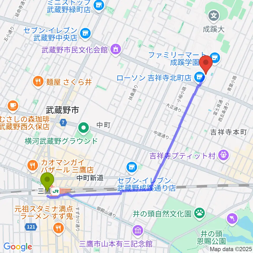 三鷹駅から成蹊学園史料館へのルートマップ地図