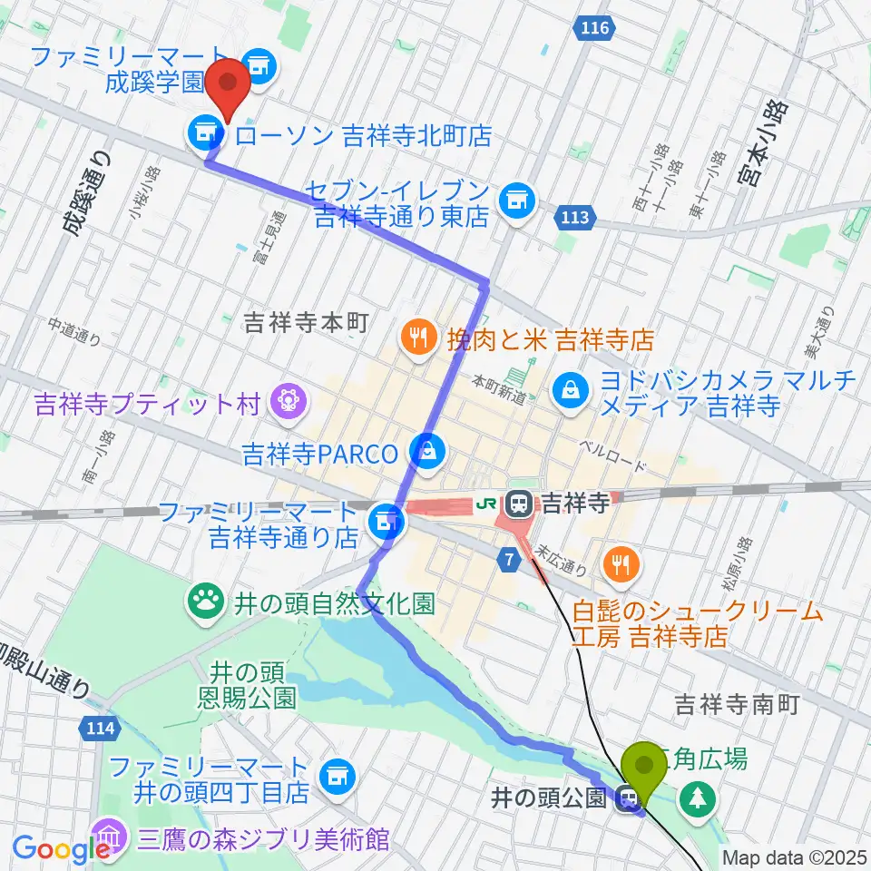 井の頭公園駅から成蹊学園史料館へのルートマップ地図