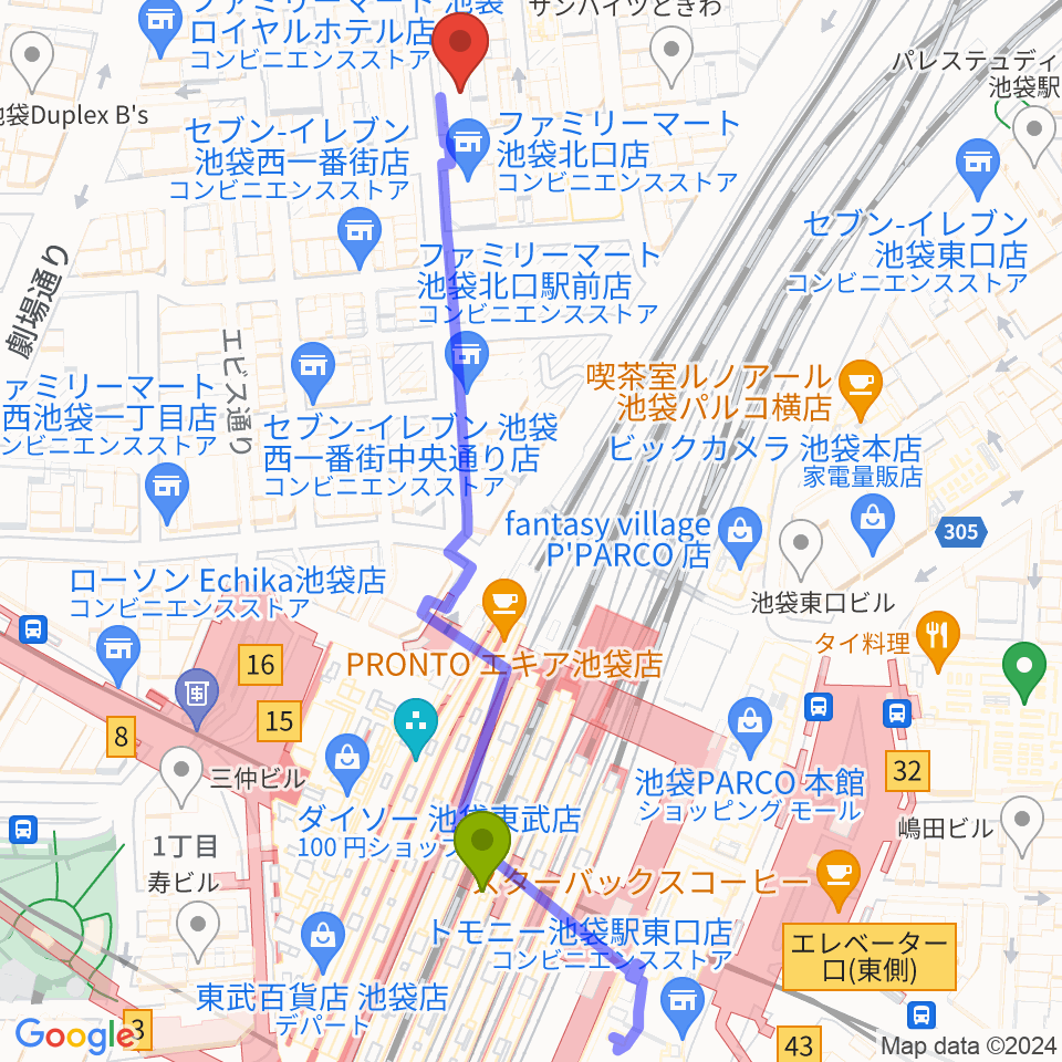 Vivo Sound Studioの最寄駅池袋駅からの徒歩ルート（約6分）地図