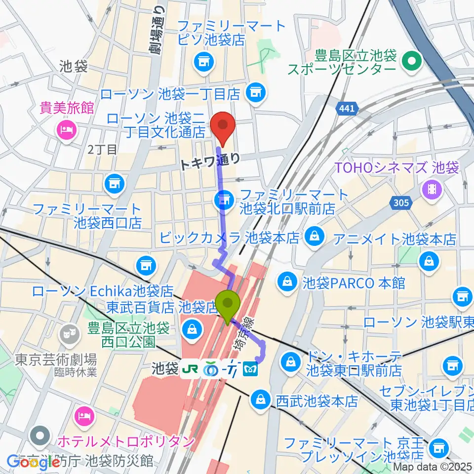 Vivo Sound Studioの最寄駅池袋駅からの徒歩ルート（約6分）地図
