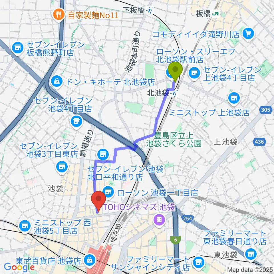 北池袋駅からVivo Sound Studioへのルートマップ地図