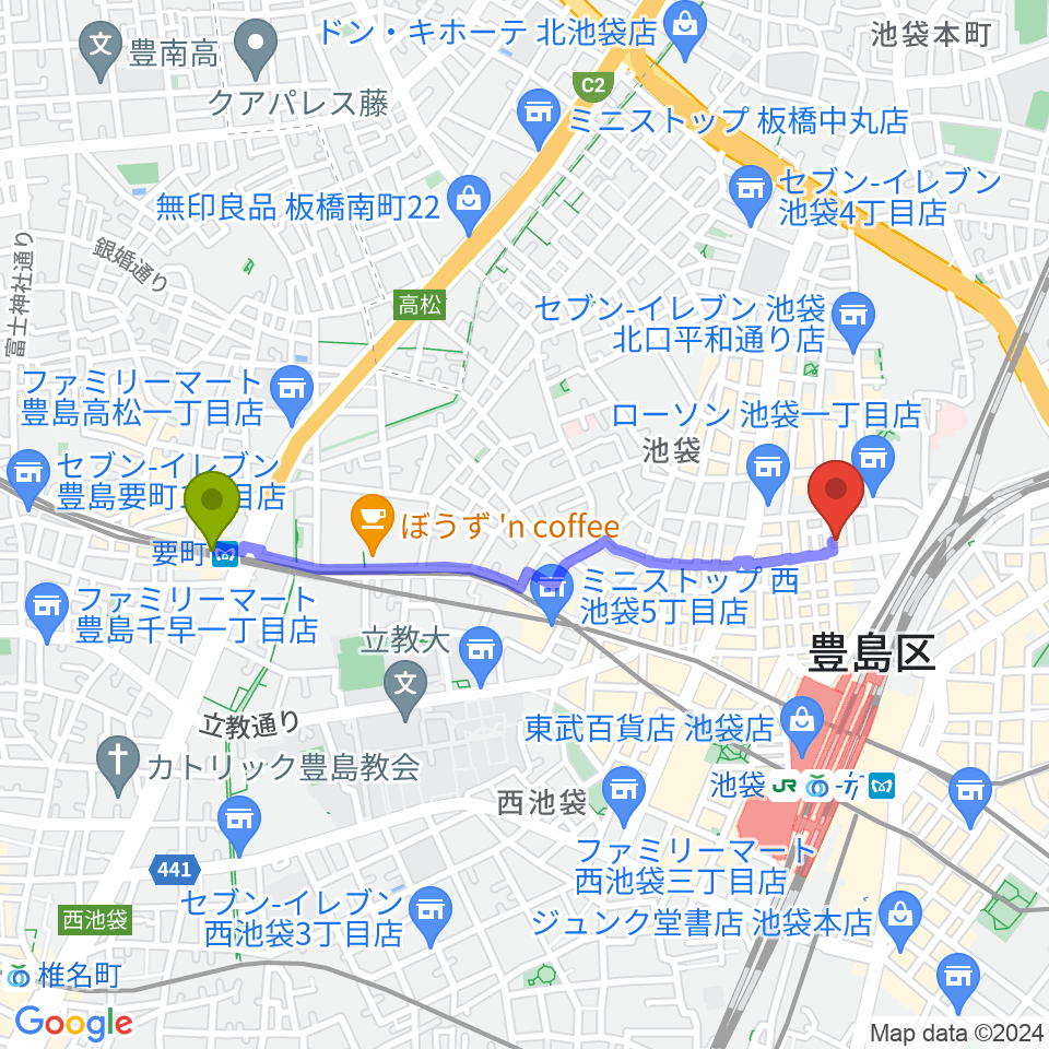 要町駅からVivo Sound Studioへのルートマップ地図