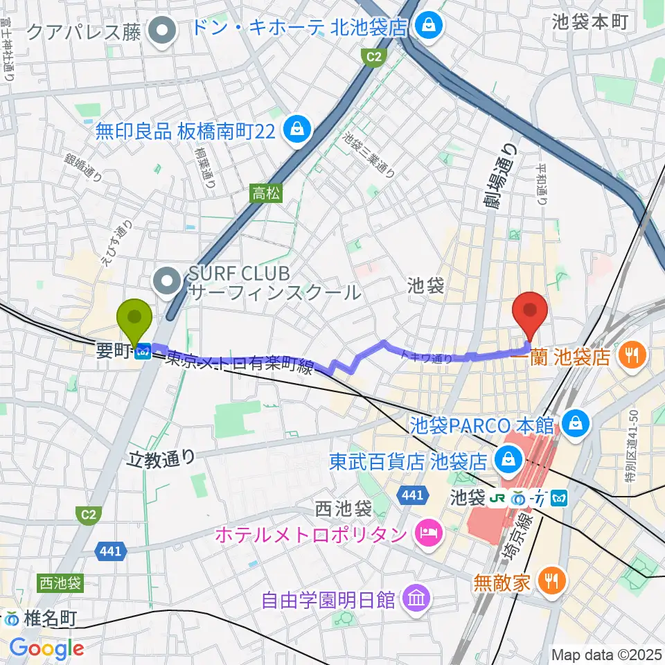 要町駅からVivo Sound Studioへのルートマップ地図