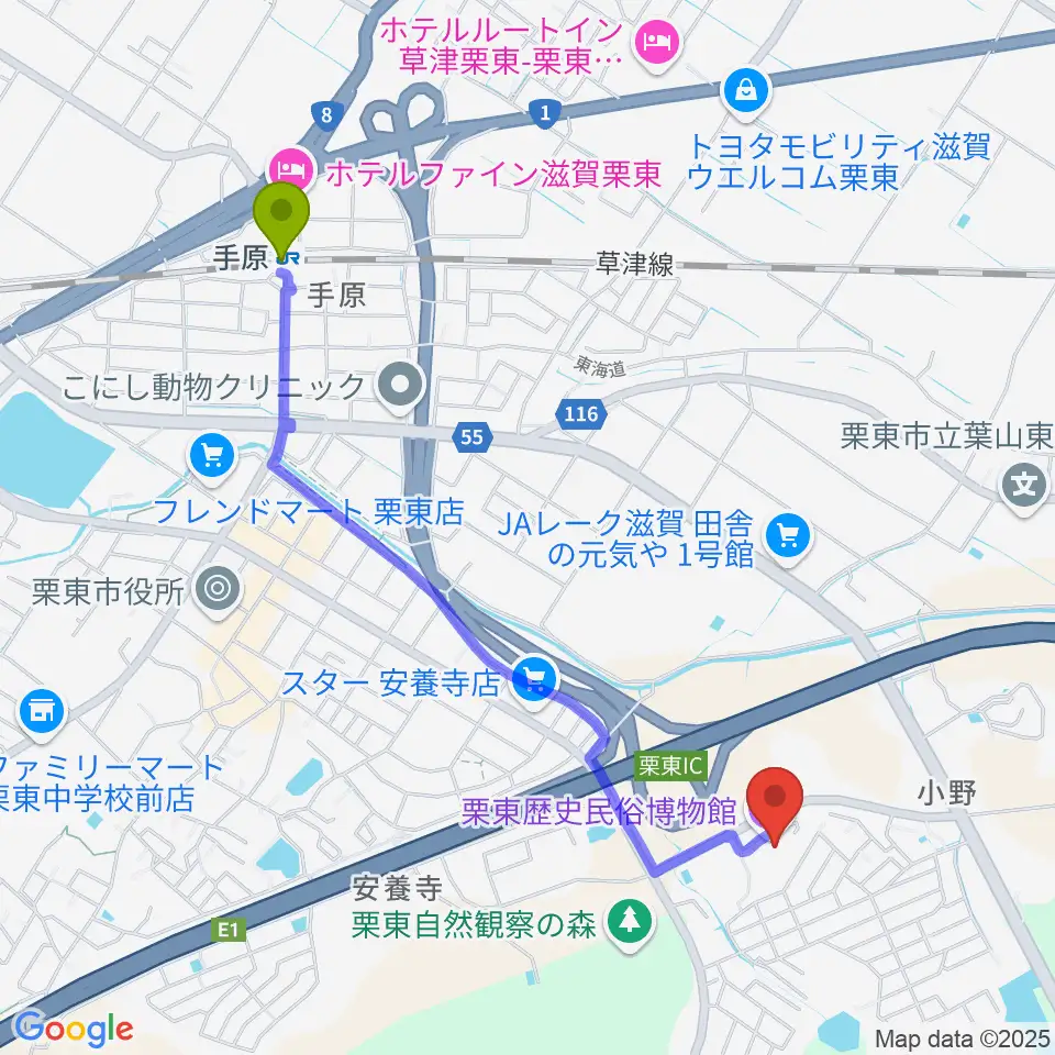 栗東歴史民俗博物館の最寄駅手原駅からの徒歩ルート（約23分）地図