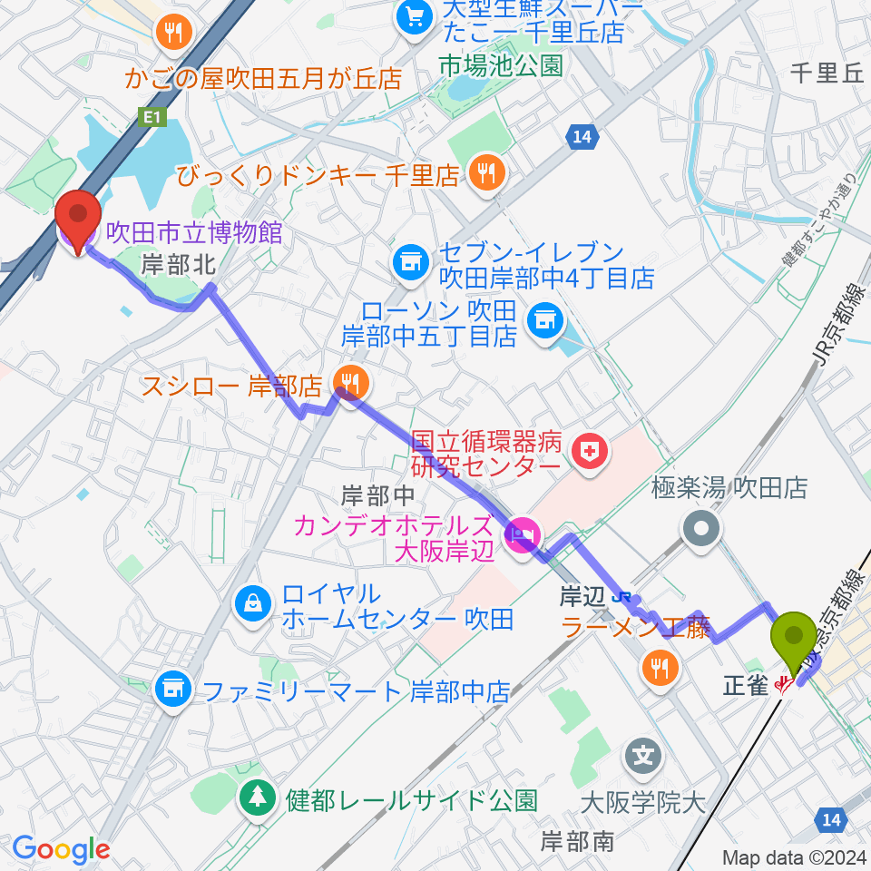 正雀駅から吹田市立博物館へのルートマップ地図