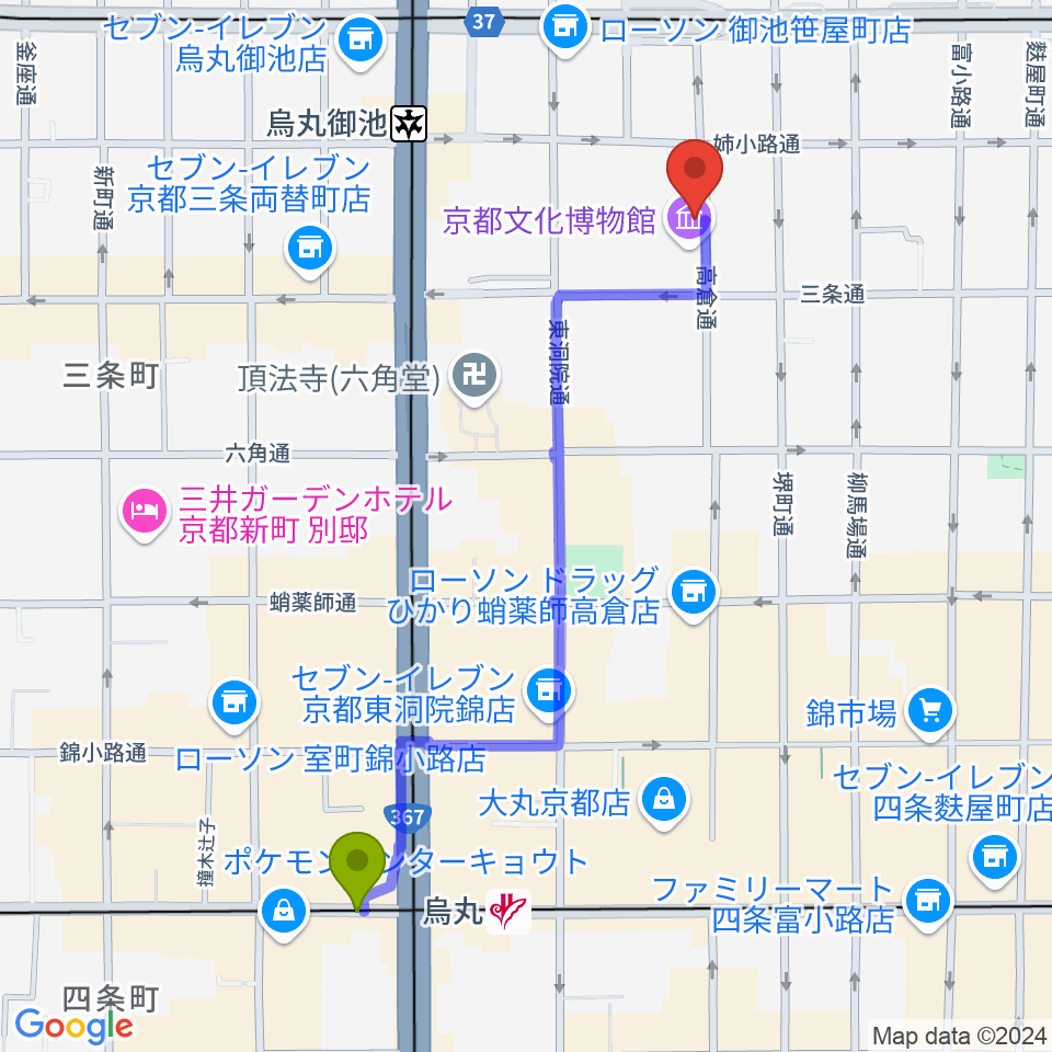 烏丸駅から京都府京都文化博物館へのルートマップ地図