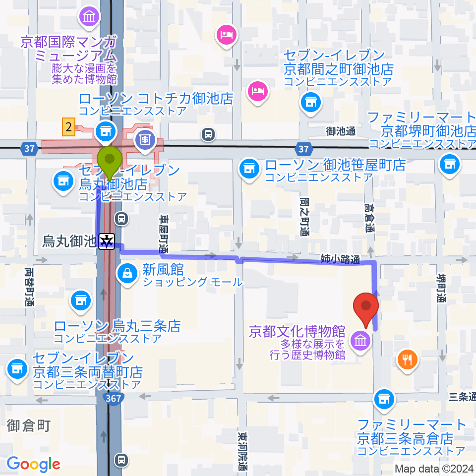 京都府京都文化博物館の最寄駅烏丸御池駅からの徒歩ルート（約5分）地図