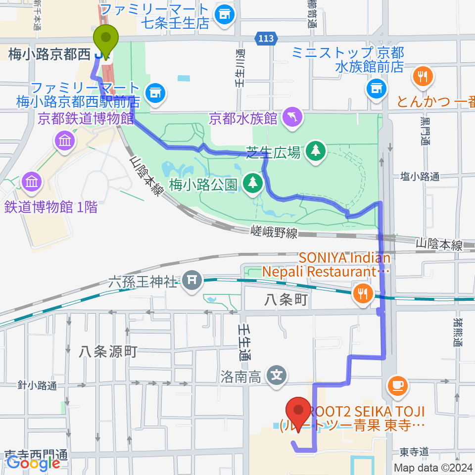 梅小路京都西駅から東寺宝物館へのルートマップ地図