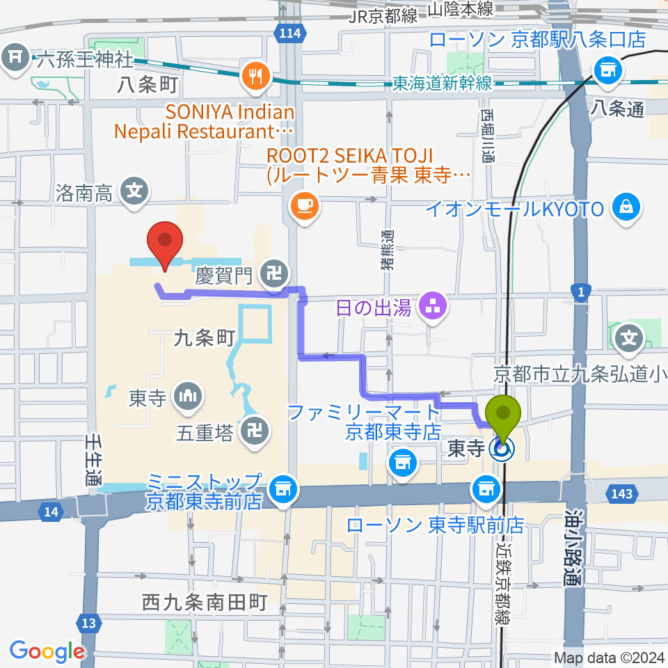 東寺宝物館の最寄駅東寺駅からの徒歩ルート（約9分）地図