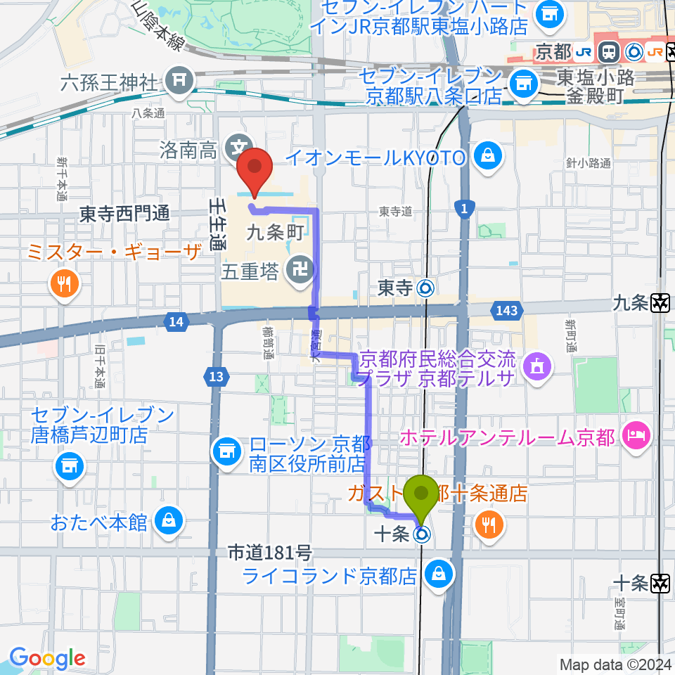 十条駅から東寺宝物館へのルートマップ地図