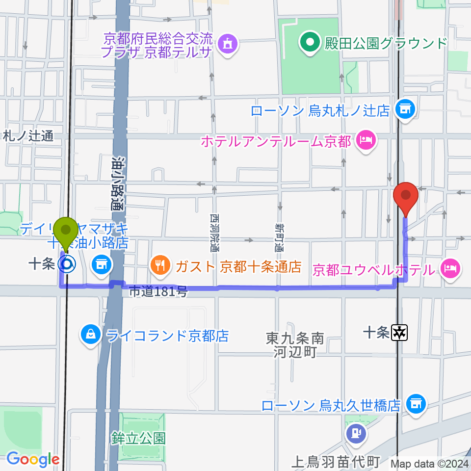 十条駅からマザーシップスタジオへのルートマップ地図