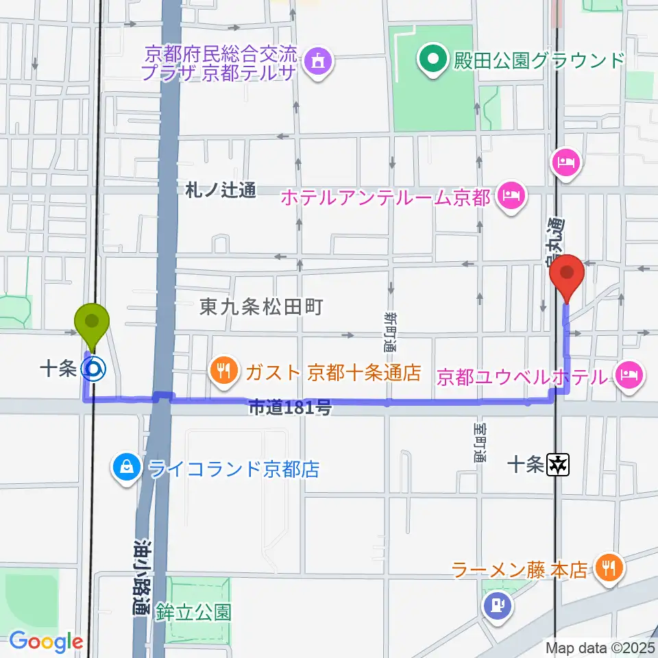 十条駅からマザーシップスタジオへのルートマップ地図