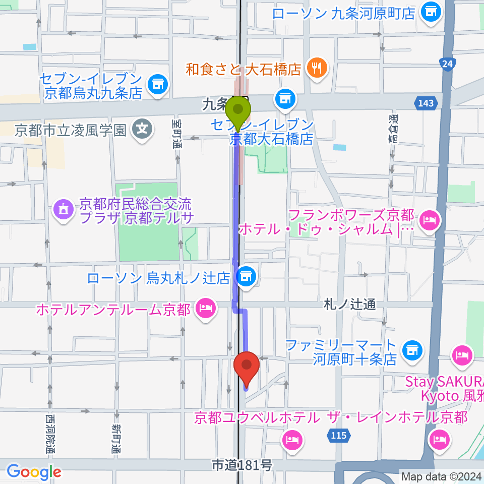 九条駅からマザーシップスタジオへのルートマップ地図