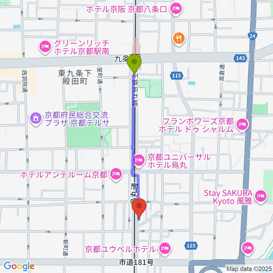 九条駅からマザーシップスタジオへのルートマップ地図