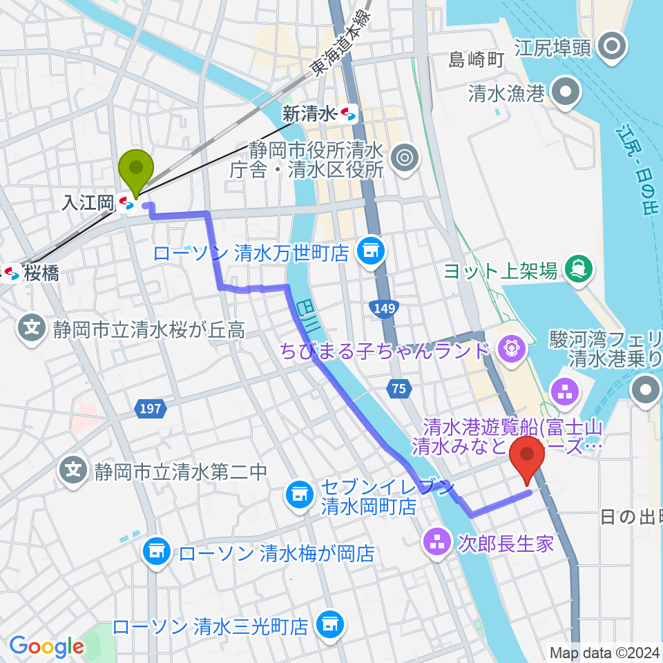 入江岡駅からフェルケール博物館へのルートマップ地図