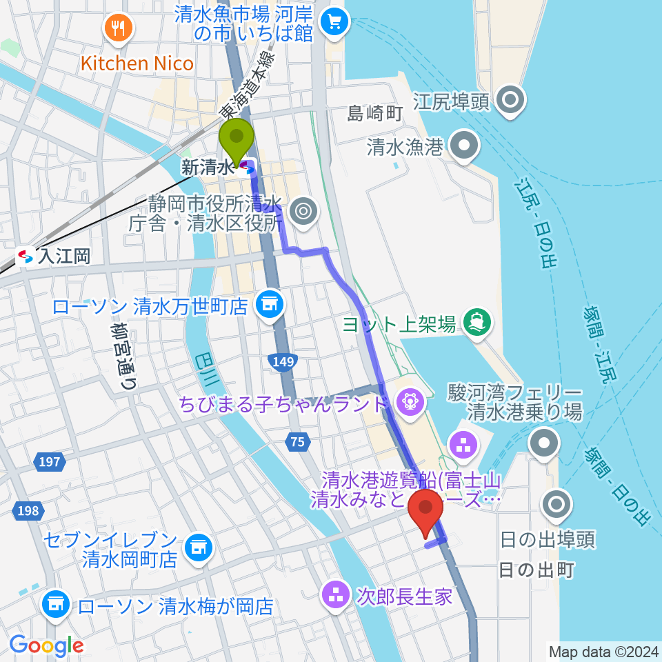 フェルケール博物館の最寄駅新清水駅からの徒歩ルート（約20分）地図