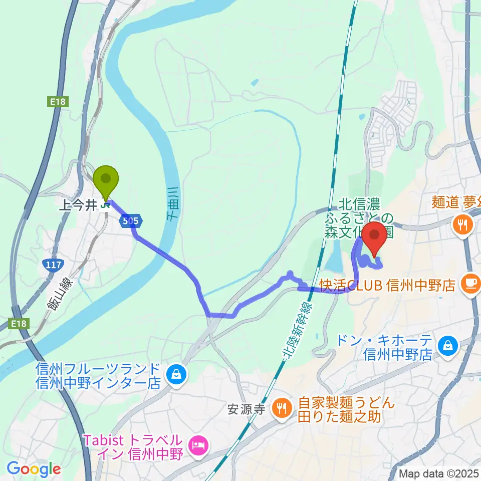 上今井駅から中野市立博物館へのルートマップ地図