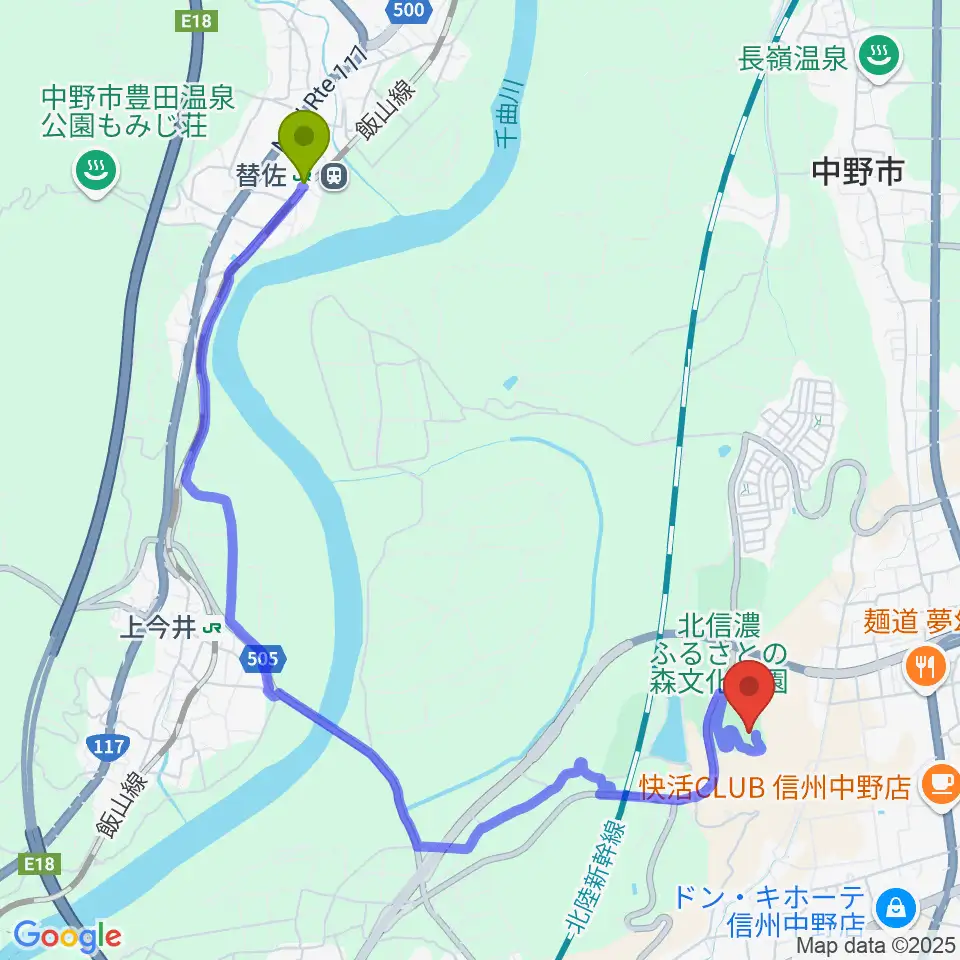 替佐駅から中野市立博物館へのルートマップ地図