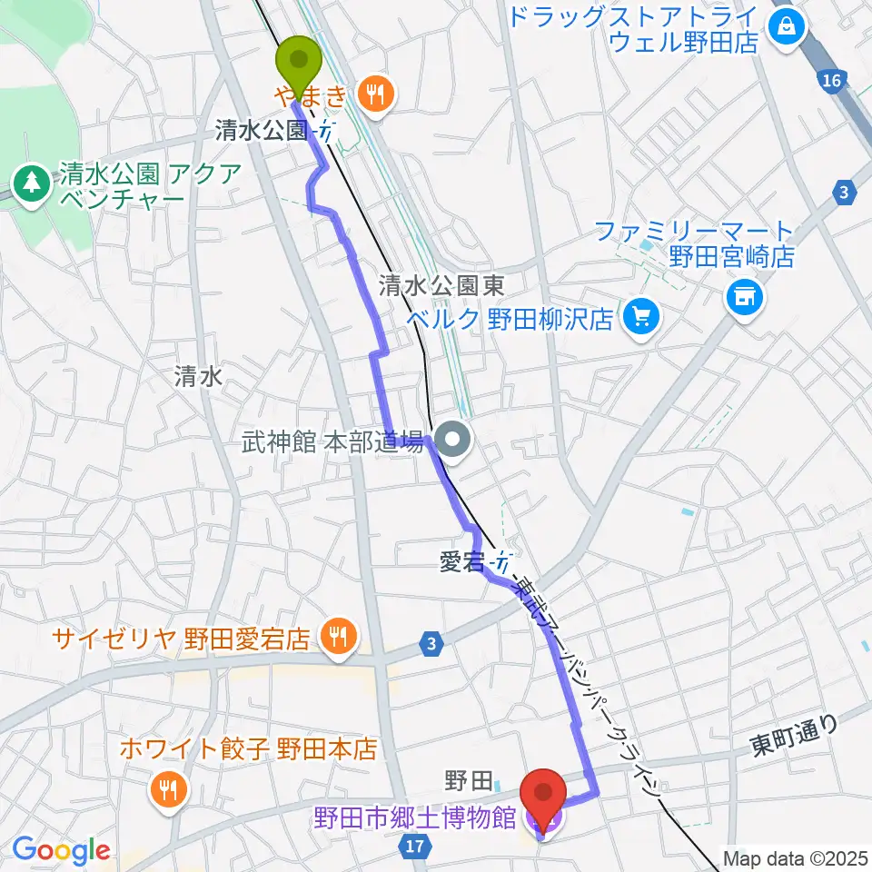 清水公園駅から野田市郷土博物館へのルートマップ地図