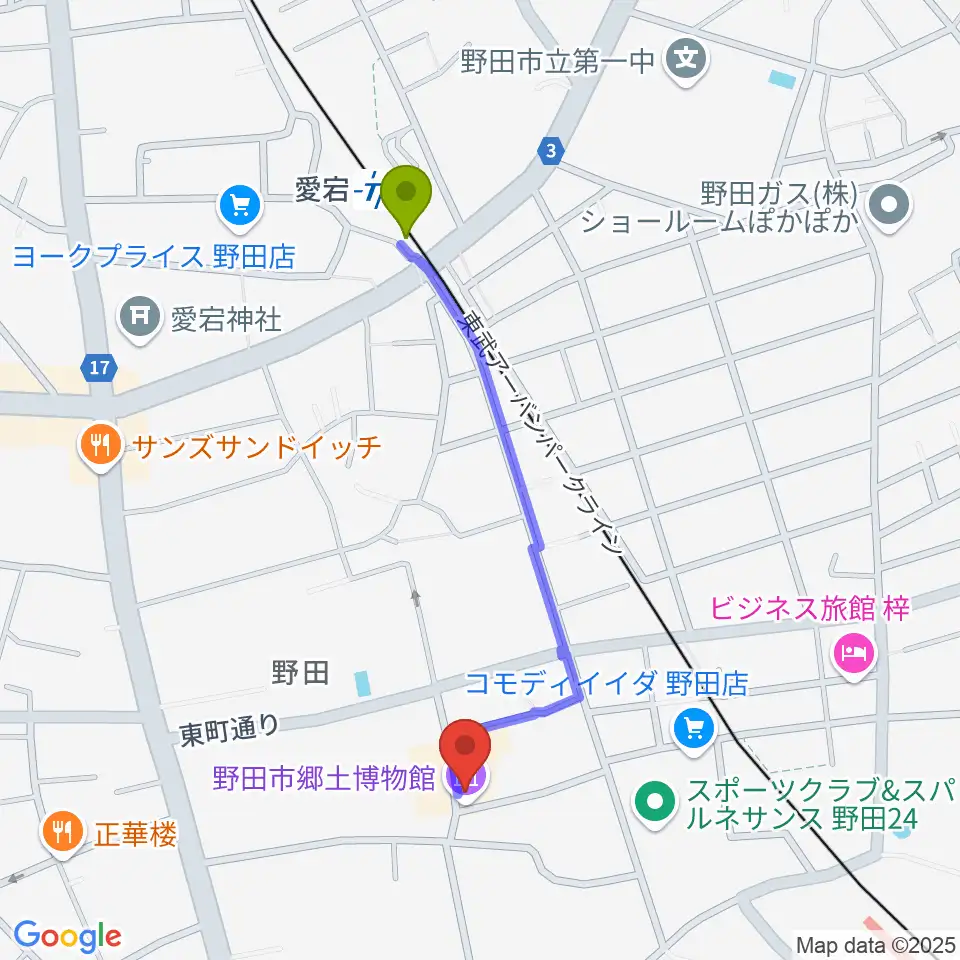 愛宕駅から野田市郷土博物館へのルートマップ地図